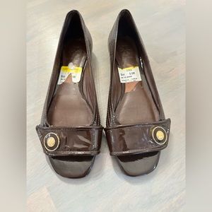 Tory Burch chocolate patent peep-toe slides - mint condition